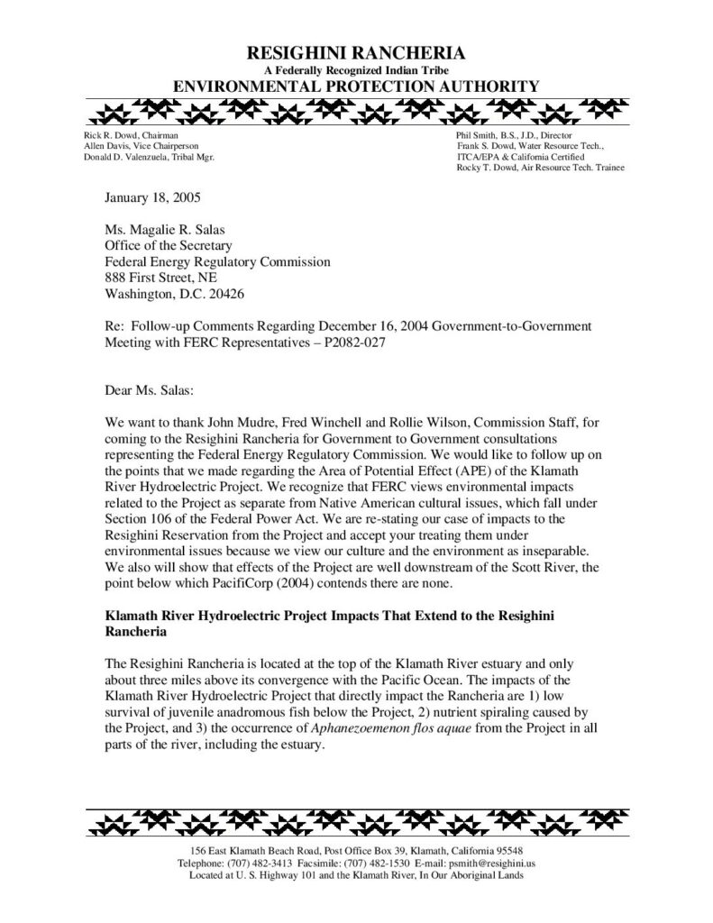 Cover of Memo re: Follow-up Comments Regarding December 16, 2004 Government-to-Government Meeting with FERC Representatives – P2082-027. From Phil Smith, Dir. Resighini EPA to Magalie R. Salas, FERC. Resighini Rancheria, Klamath, CA.