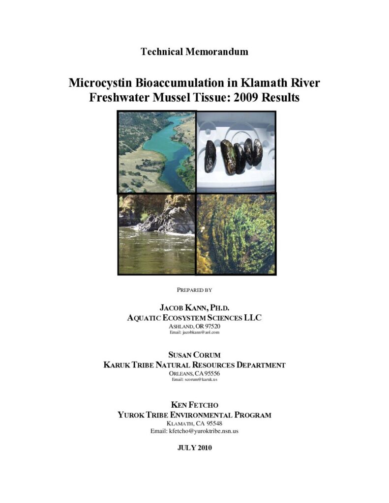 Cover of Microcystin Bioaccumulation in Klamath River Freshwater Mussel Tissue: 2009 Results. Aquatic Ecosystem Sciences LLC, Ashland, OR. 37 pp."