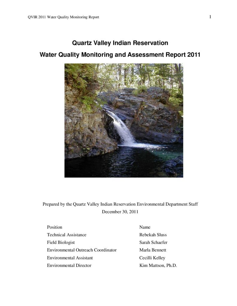 Cover of Water Quality Monitoring and Assessment Report 2011. Prepared by the QVIR Environmental Department Staff. Fort Jones, CA. 34 p.