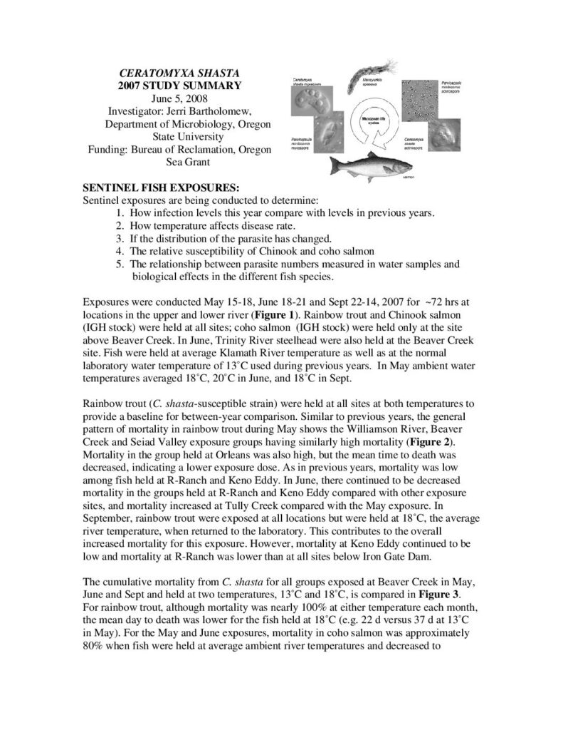 Cover of Ceratomyxa shasta 2007 Study Summary. Prepared for Klamath River Fish Health Symposium. Funded by BOR and OR sea Grant. Department of Microbiology, OSU, Corvallis, OR. 13 p.