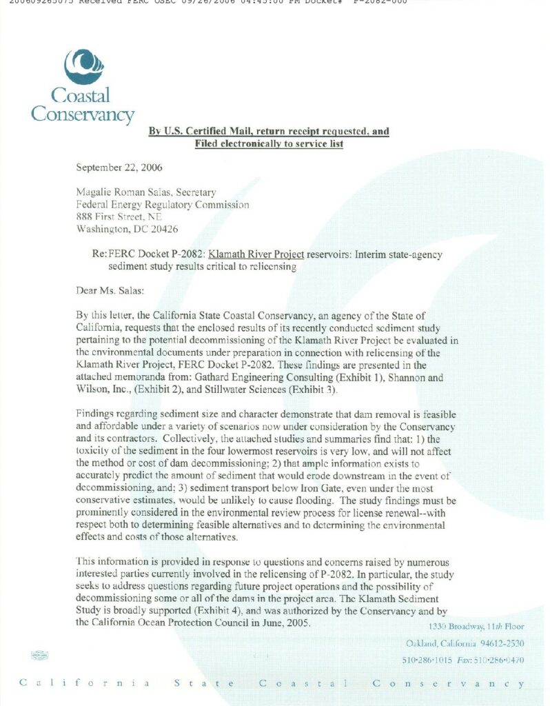 Cover of FERC Docket P-2082: Klamath River Project reservoirs: Interim state-agency sediment study results critical to relicensing. Appendices include Gathard Engineering. 2006. Klamath River Sediment Study. Memo from Sam Schuchat, CCC to Magalie R. Salas, FERC. California Coastal Conservancy, Oakland, CA. 104 p. VERY LARGE FILE (18.1 Mb)