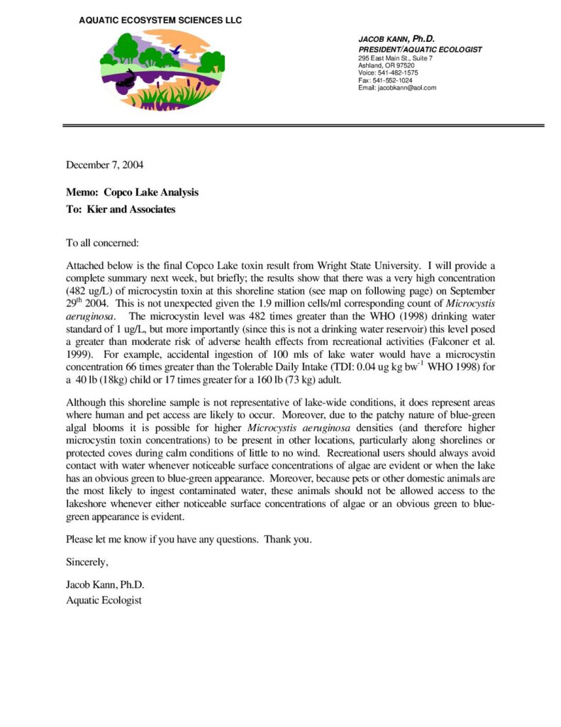 Cover of Memo on Copco Lake Analysis. To Karuk Tribe of California from Aquatic Ecosystem Sciences, Ashland, OR. 6 p. (67 Kb)