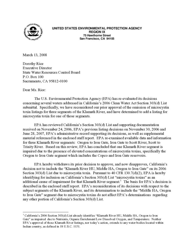 Cover of Memo to SWRCB Exec. Director Dorothy Rice from Alexis Strauss re: withdrawal of approval not to list Klamath River for microcystin toxin. March 13, 2008. U.S. EPA Region IX, San Francisco, CA. 14 p. with Staff Report.