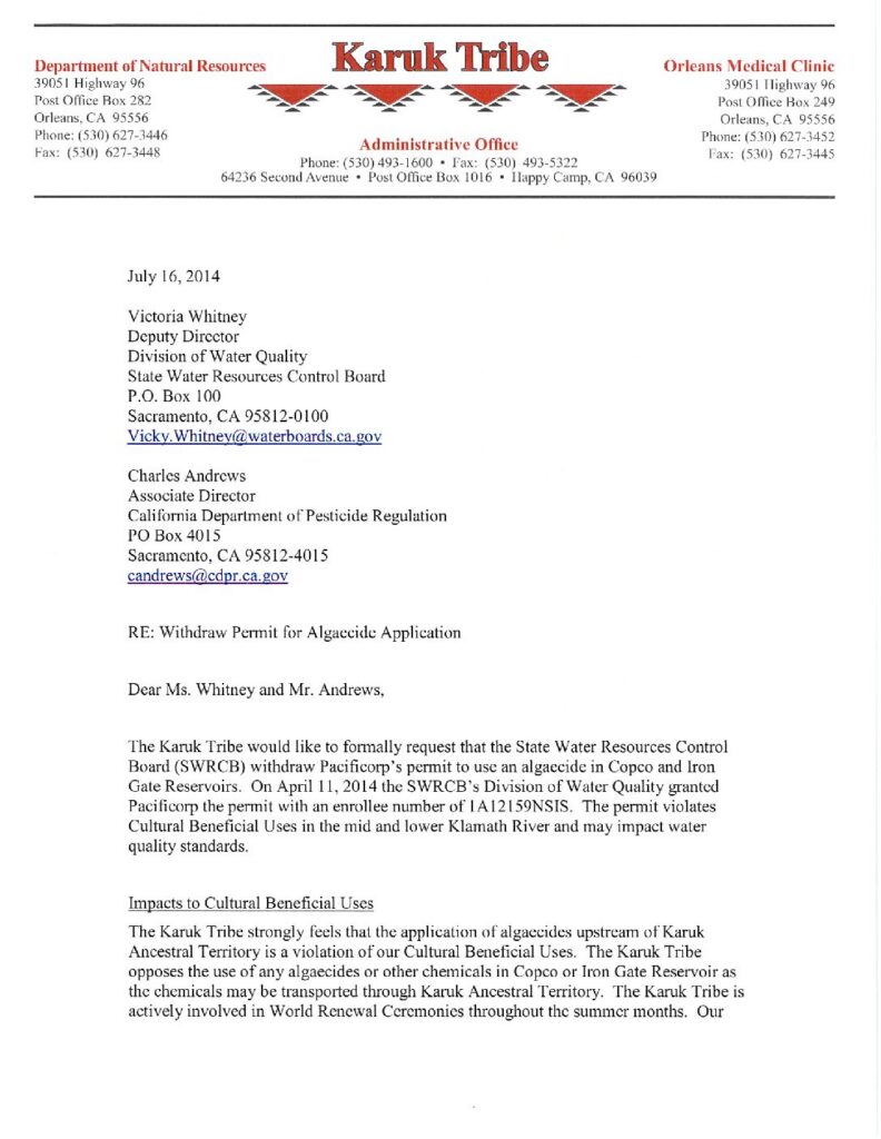 Cover of Letter to Victoria Whitney (State Water Resources Control Board) and Charles Andrews (California Department of Pesticide Regulation). RE: Withdraw Permit for Algaecide Application. From: Leaf Hillman, Karuk Tribe. Date: July 16, 2014.