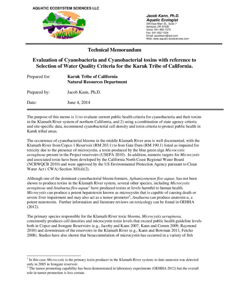 Cover of Evaluation of Cyanobacteria and Cyanobacterial toxins with reference to Selection of Water Quality Criteria for the Karuk Tribe of California. Technical Memorandum prepared for the Karuk Tribe Natural Resources Department, Orleans, CA. February 2014. 40 p