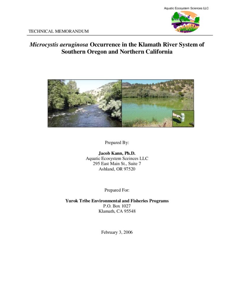 Cover of Microcystis aeruginosa Occurrence in the Klamath River System of Southern Oregon and Northern California. Report for the Yurok Tribe Environmental Program and Fisheries Department, Klamath, CA by Aquatic Ecosystem Sciences, Ashland, OR. 26 p. (1.4 Mb)