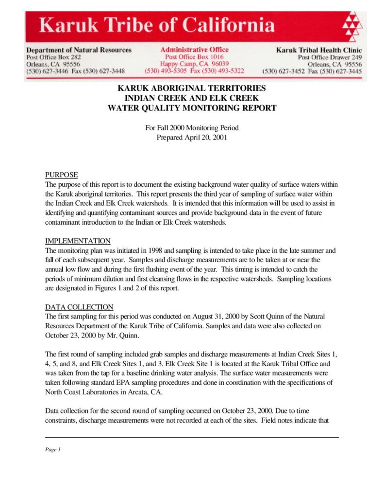 Cover of Karuk Aboriginal Territories Indian Creek and Elk Creek Water Quality Monitoring Report. Karuk Tribe Department of Natural Resources, Orleans, CA. 13 p. + appendices.