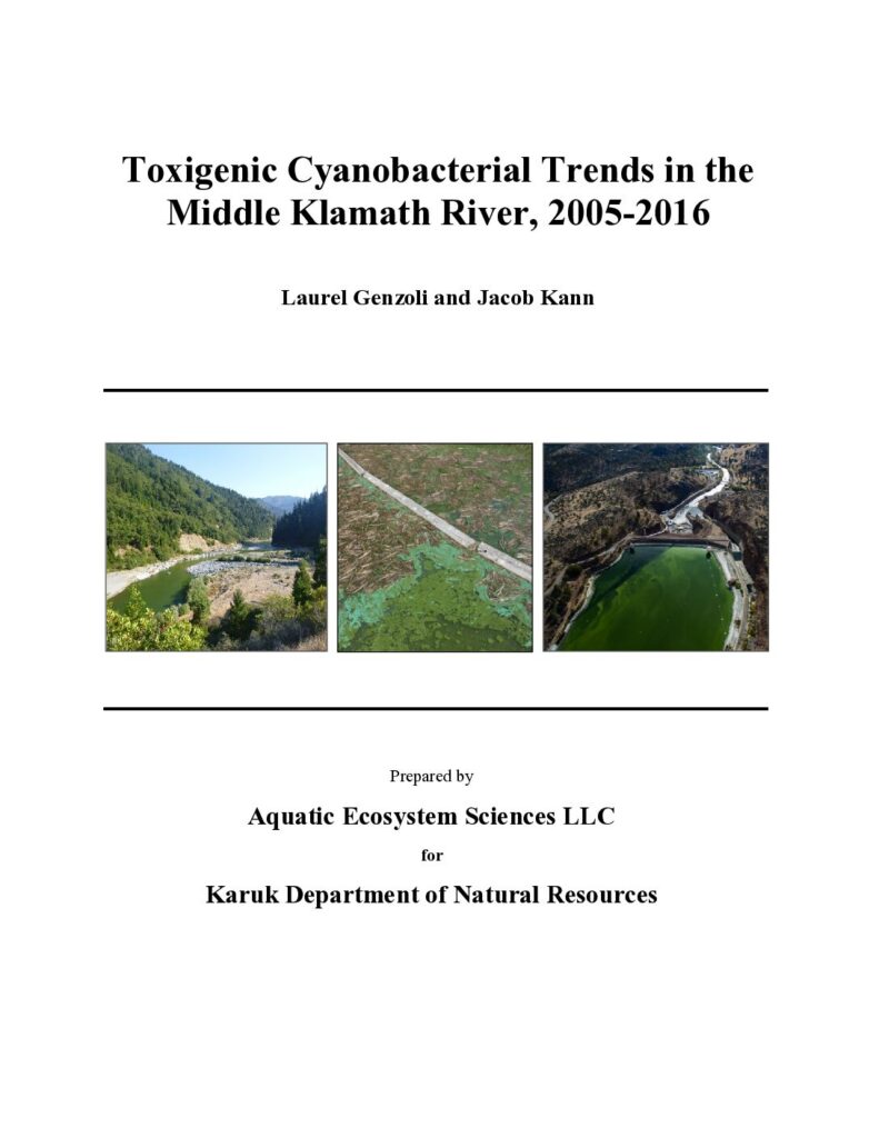 Cover of Toxigenic Cyanobacterial Trends in the Middle Klamath River, 2005-2016. Prepared by Aquatic Ecosystem Sciences LLC for the Karuk Tribe Department of Natural Resources. 50 p. + appendices