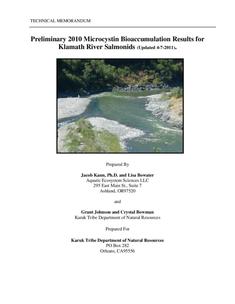 Cover of Preliminary 2010 Microcystin Bioaccumulation Results for Klamath River Salmonids (Updated 4-7-2011). Prepared by Aquatic Ecosystem Sciences LLC. and Karuk Tribe Department of Natural Resources for the Karuk Tribe Department of Natural Resources, Orleans, CA. 27 pp.