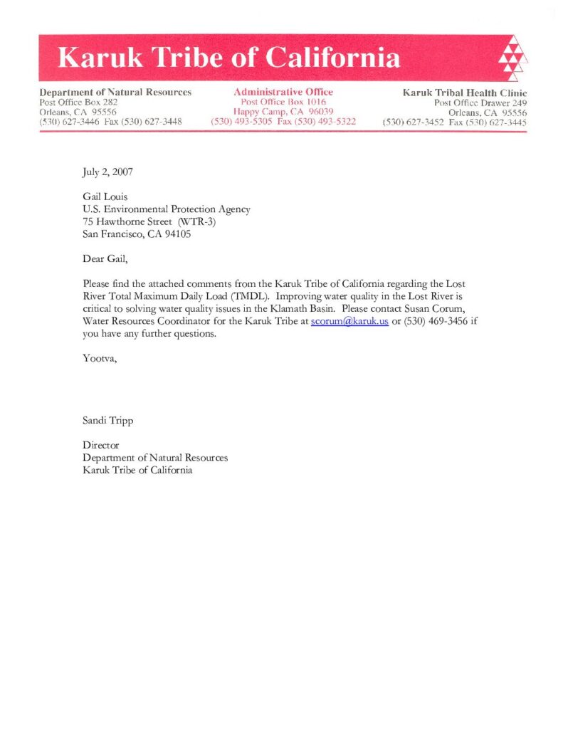 Cover of Comments from the Karuk Tribe of California regarding the Lost River Total Maximum Daily Load. Letter dated July 2, 2007, from Sandy Tripp Karuk Tribe of California Department of Natural Resources to Gail Louis of U.S. EPA. Yurok Tribe, Klamath, CA. 34 p.