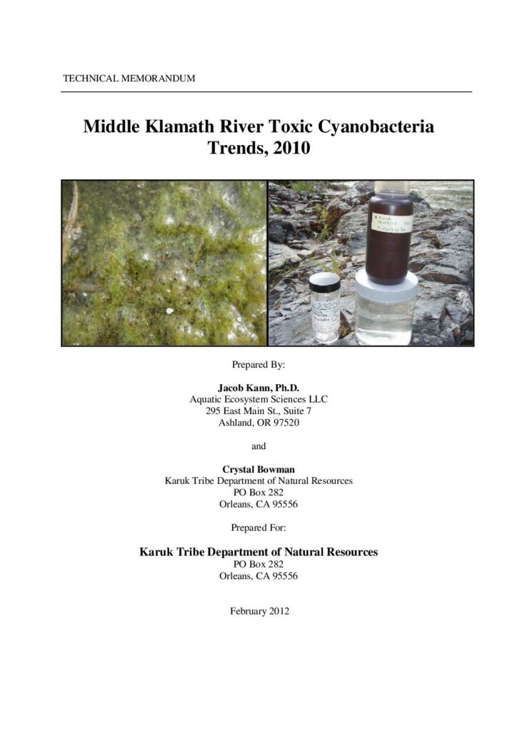 Cover of Middle Klamath River Toxic Cyanobacteria Trends, 2010. Aquatic Ecosystem Sciences LLC. and Karuk Tribe Department of Natural Resources. 42 pp.