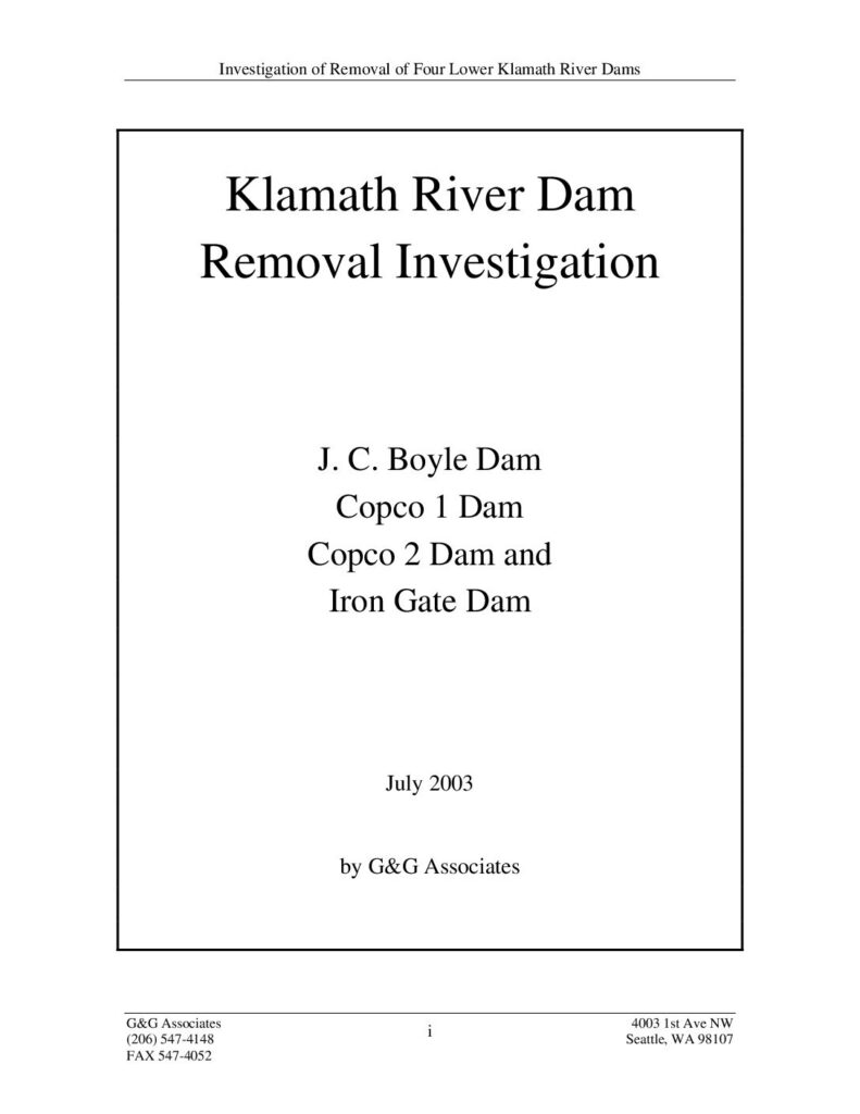 Cover of Klamath River Dam Removal Investigation: J. C. Boyle Dam Copco 1 Dam Copco 2 Dam and Iron Gate Dam. Funded by the California Coastal Conservancy. G&G Associates, Seattle, WA. 44 p. (607 Kb)