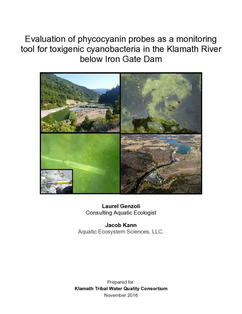 Cover of Evaluation of phycocyanin probes as a monitoring tool for toxigenic cyanobacteria in the Klamath River below Iron Gate Dam. Prepared by Aquatic Ecosystem Sciences LLC for the Klamath Tribal Water Quality Consortium. 38 p. + appendices.