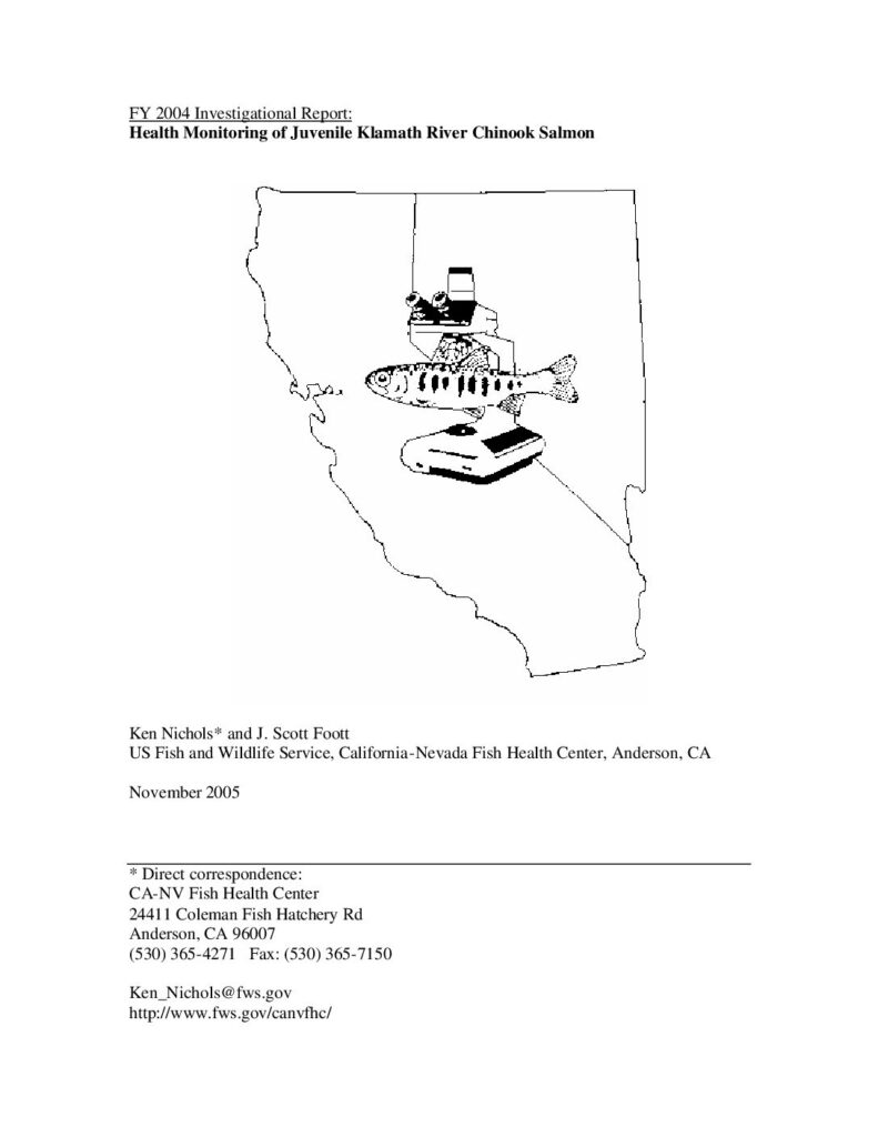 Cover of Health Monitoring of Juvenile Klamath River Chinook Salmon, FY 2004 Investigational Report. USFWS California-Nevada Fish Health Center, Red Bluff, CA. (77 Kb)
