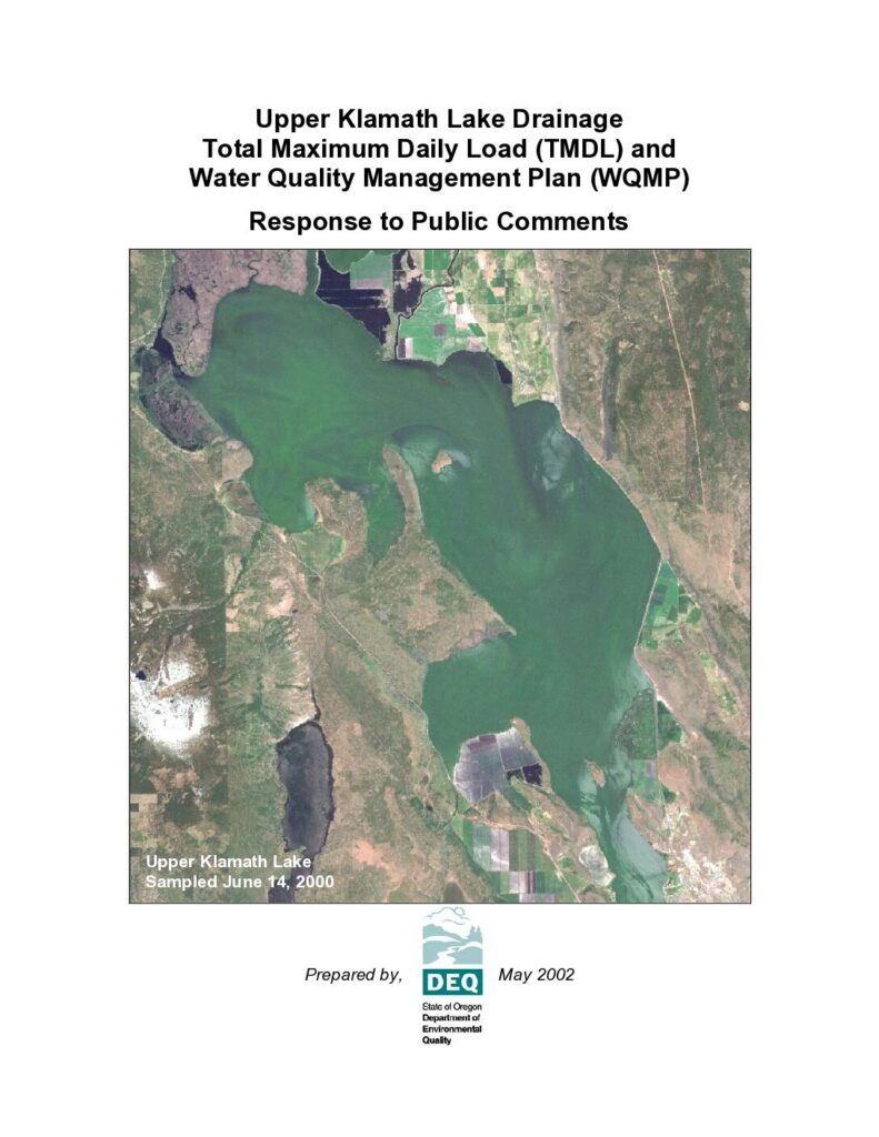 Cover of Upper Klamath Lake Drainage Total Maximum Daily Load (TMDL) and Water Quality Management Plan (WQMP) Response to Public Comments. May 2002.