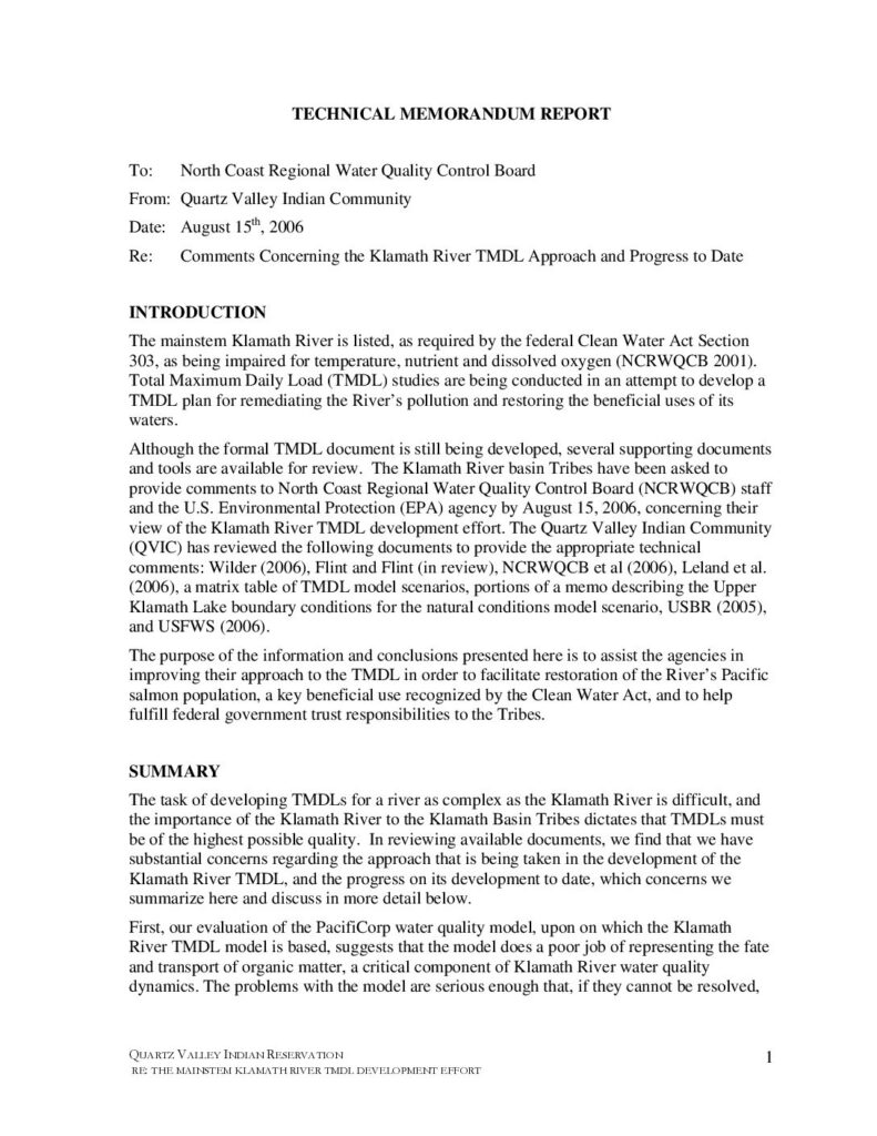 Cover of Comments Concerning the Klamath River TMDL Approach and Progress to Date. Memo to the U.S. EPA and North Coast Regional Water Quality Control Board of August 15, 2006. Quartz Valley Indian Reservation, Fort Jones, CA. 35 p. (1.6 Mb)