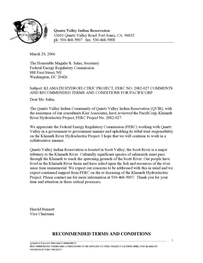 Cover of Recommended Terms and Conditions for the Klamath Hydroelectric Project (FERC #2082-027). Filed with FERC on March 29, 2006. Quartz Valley Indian Reservation, Fort Jones, CA. 57 p. (1.4 Mb)