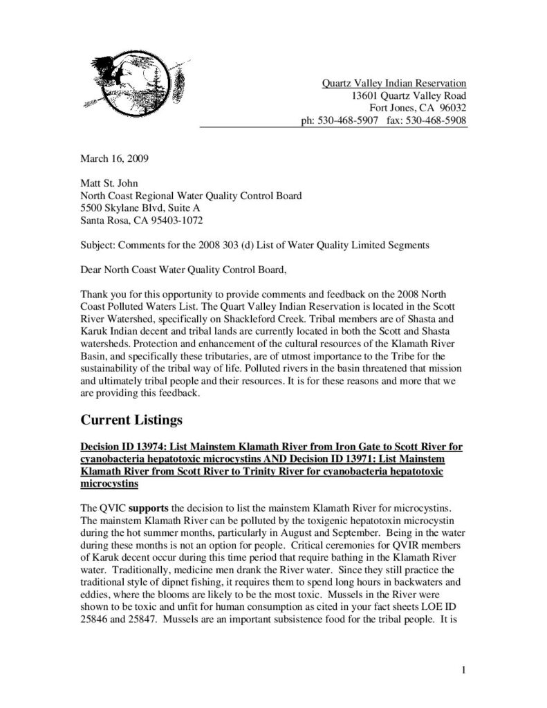 Cover of Comments for the 2008 303 (d) List of Water Quality Limited Segments. QVIR EPA, Ft Jones, CA. 16 p