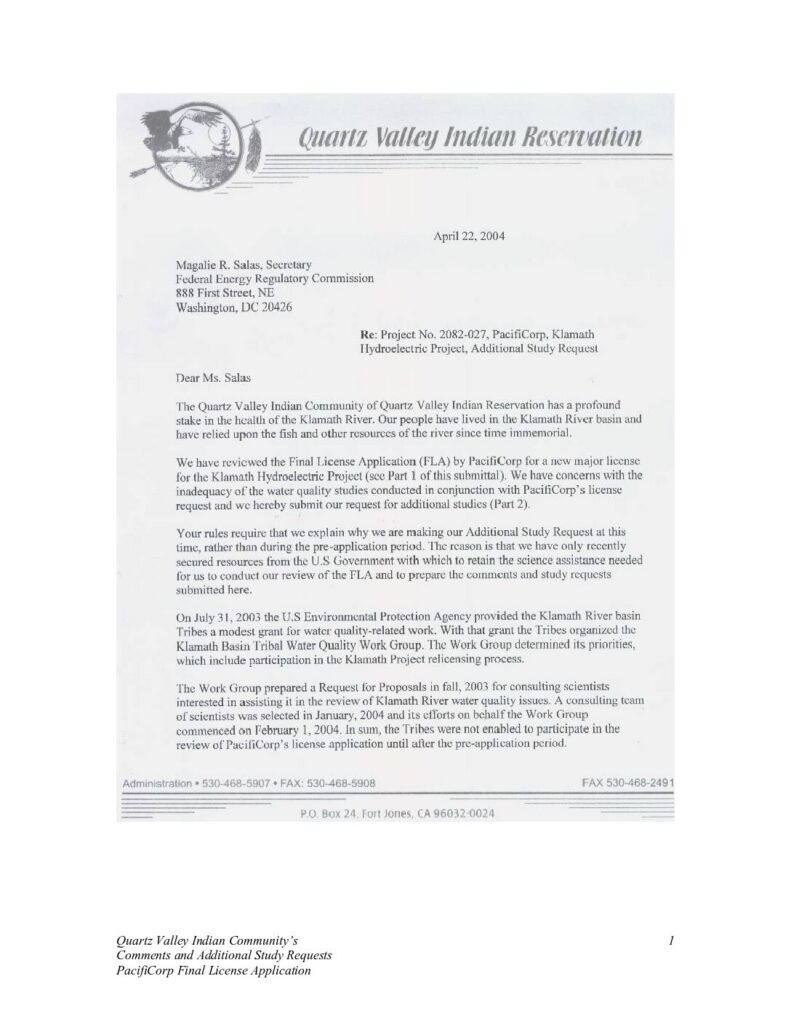 Cover of Comments and Additional Study Requests, PacifiCorp Final License Application (Project No. 2082-027). Filed with FERC on April 24, 2004. Quartz Valley Indian Reservation, Fort Jones, CA. 35 pp.