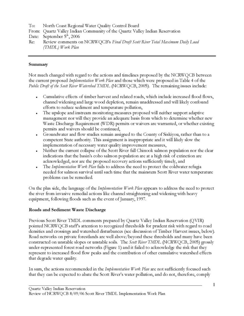 Cover of Comments on the Final Draft Scott River Total Maximum Daily Load (TMDL) Work Plan. Letter to the North Coast Regional Water Quality Control Board. Quartz Valley Indian Reservation, Ft. Jones, CA. 35 p. (1.6 Mb).
