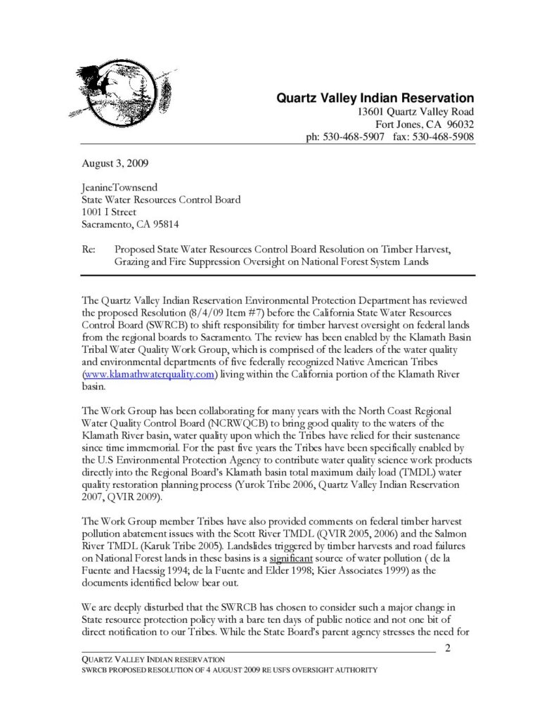 Cover of Proposed State Water Resources Control Board Resolution on Timber Harvest, Grazing and Fire Suppression Oversight on National Forest System Lands. Letter of August 3, 2009 from QVIR EPA to SWRCB. QVIR, Ft. Jones, CA. 8 p.