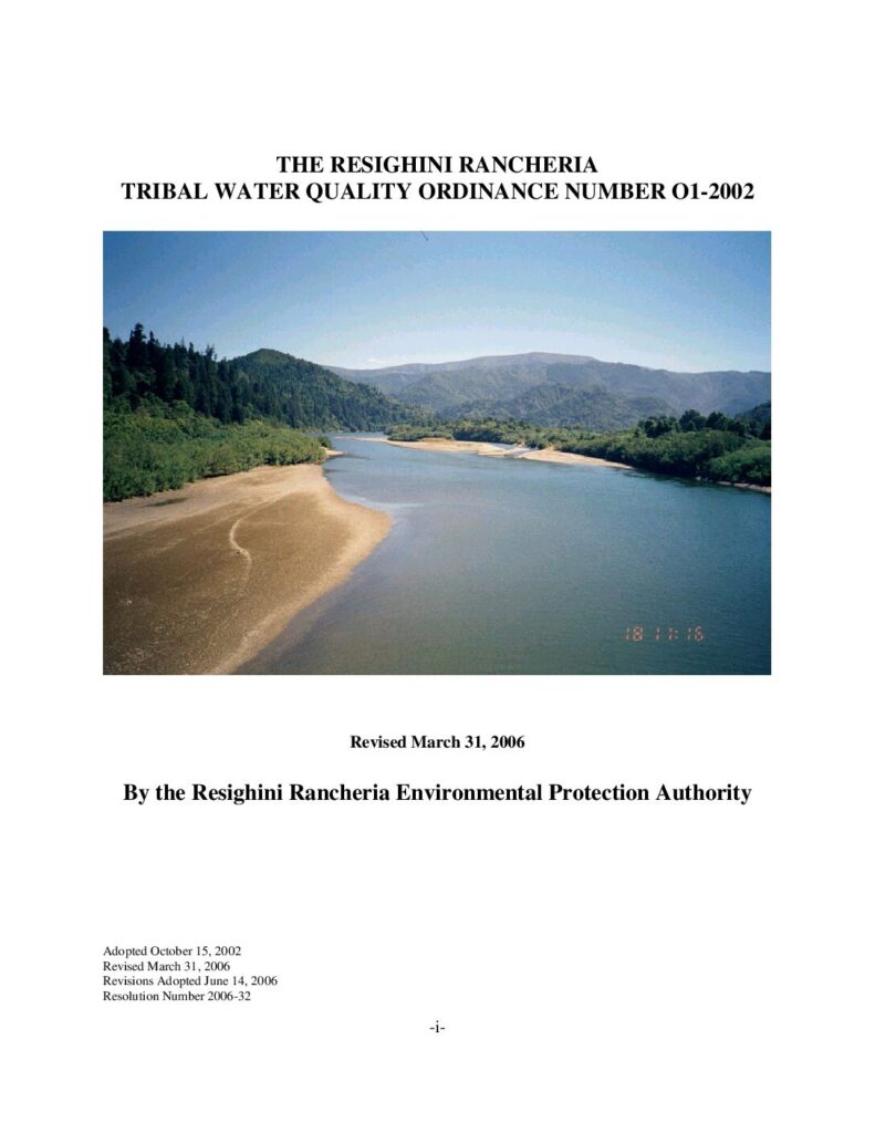 Cover of The Resighini Rancheria Tribal Water Quality Ordinance Number 01-2002. Resighini Rancheria, Klamath, CA. 43 p.