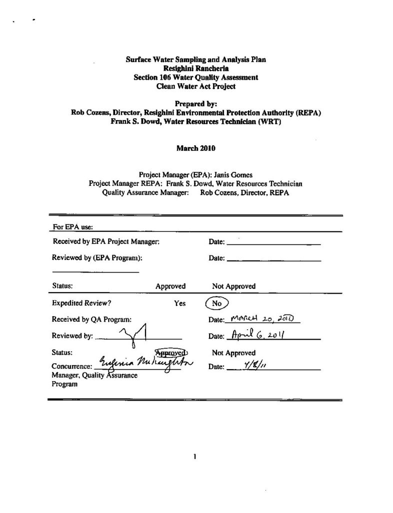 Cover of Surface Water Sampling and Analysis Plan, Resighini Rancheria, Section 106 Water Quality Assessment, Clean Water Act Project. Resighini Rancheria, Klamath, CA. 18p."