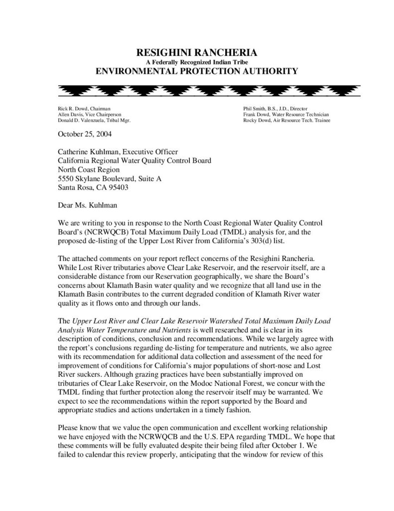 Cover of Memo re: Lost River, Pre-Draft Comments on TMDL. From Phil Smith, Resighini EPA Director, to Noemi Emeric, Environmental Protection Specialists, EPA Region IX. Resighini Rancheria, Klamath, CA. 31 p. (1.9 Mb)