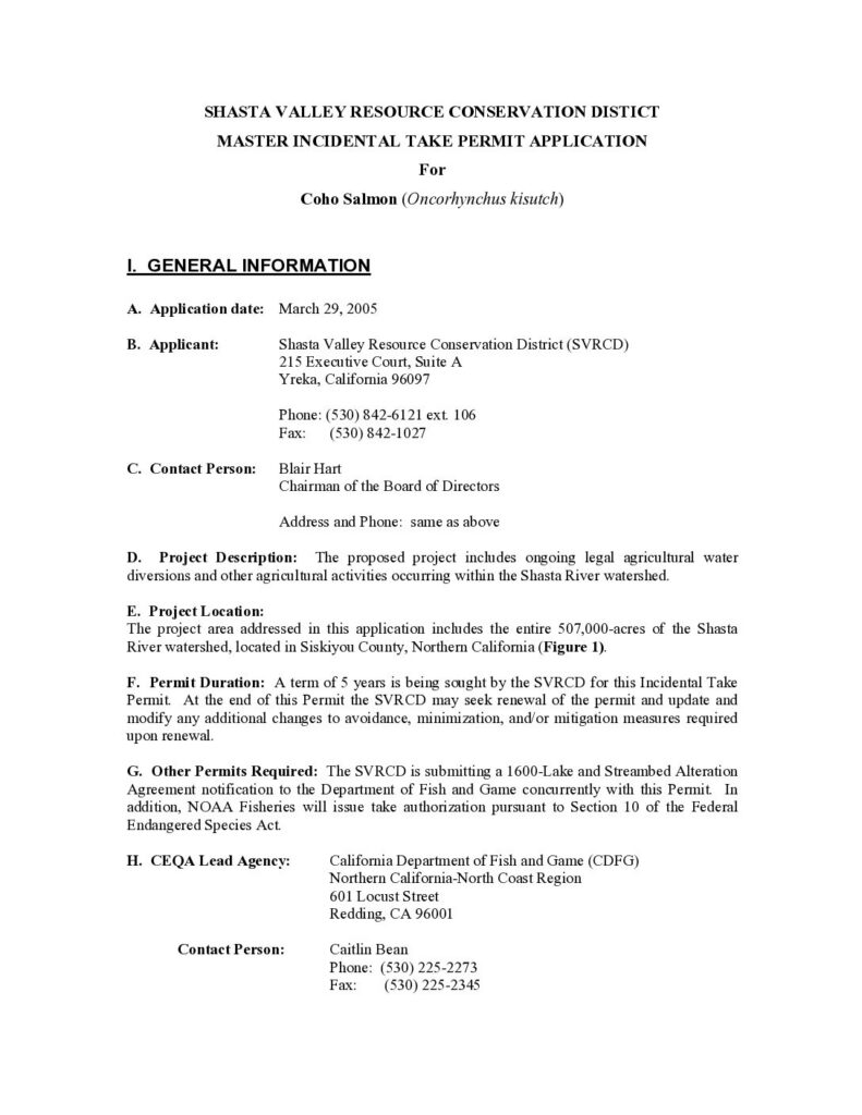 Cover of Master Incidental Take Permit (ITP) Application for Coho Salmon (Oncorhychus kisutch). March 29, 2005. Submitted to the California Department of Fish and Game. SVRCD, Yreka, CA.