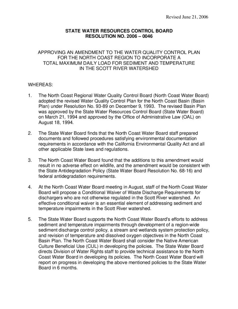 Cover of Approving an Amendment to the Water Quality Control Plan for the North Coast Region to incorporate a TMDL for Sediment and Temperature in the Scott River Watershed. June 21, 2006. SWRCB Resolution No. 2006-0046. 3 p
