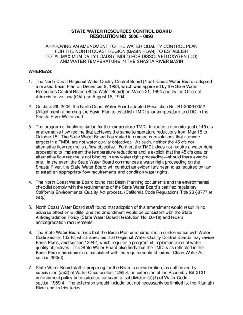 Cover of Approving an Amendment to the Water Quality Control Plan for the North Coast Region to incorporate a TMDL fro Dissolved Oxygen (D.O.) and Water Temperature in the Shasta River Watershed. June 21, 2006. SWRCB Resolution No. 2006-0046. 3 p