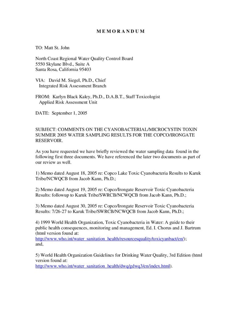 Cover of Memo from Dr. Karlyn Kaley, EPA Toxicologist, to Matt St. John, North Coast Regional Water Quality Control Board, re: Cyanobacterial Microcystin Toxin Summer 2005 Water Sampling Results from Copco and Iron Gate Reservoirs. Integrated Risk Assessment Branch, California Environmental Protection Agency, Sacramento, CA 4 p. (20 Kb)