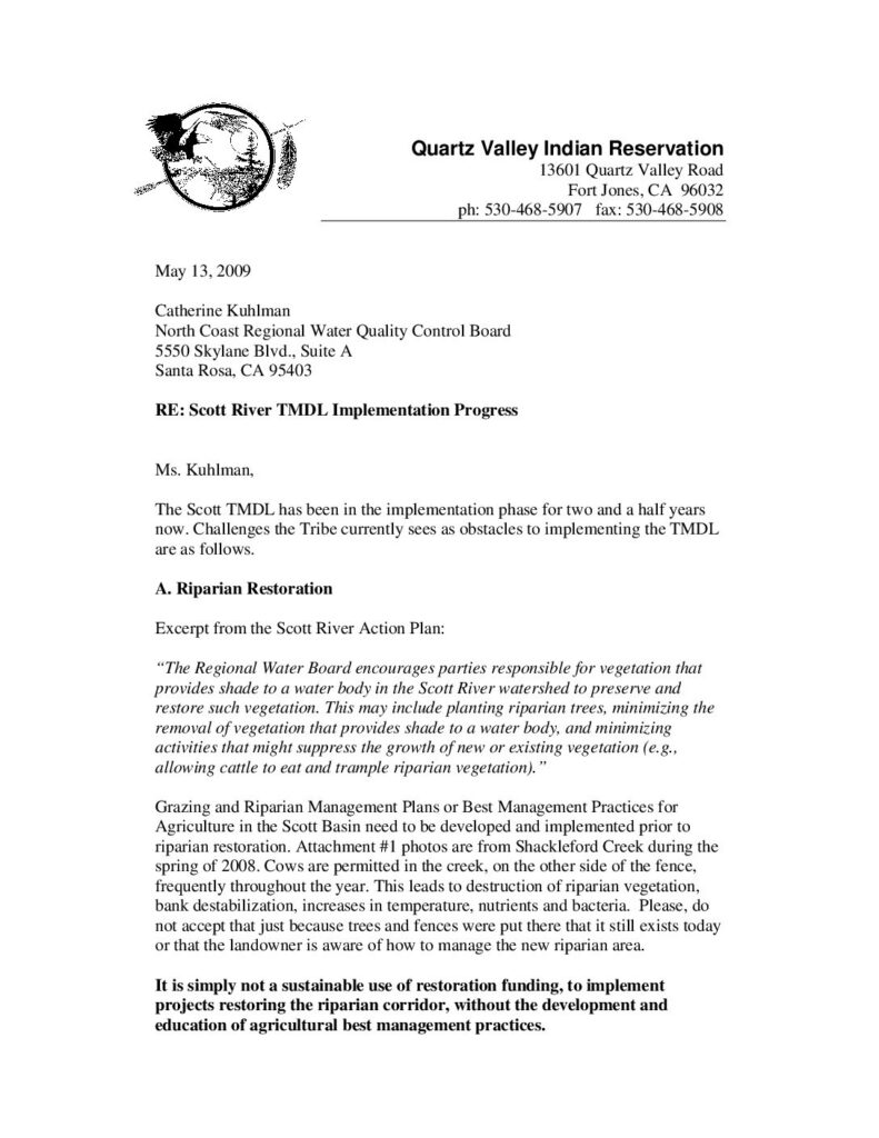 Cover of Memo on Scott River TMDL Implementation. From QVIR Environmental Director Crystal Bowman to Catherine Kuhlman, NCRWQCB Executive Director of May 13, 2009. Quartz Valley Indian Reservation, Ft. Jones, CA. 3 p. Photos (Appendix A) .