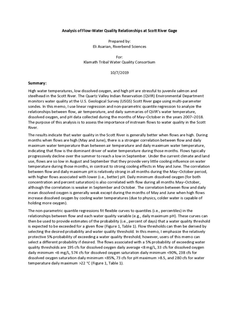 Cover of Analysis of Flow-Water Quality Relationships at Scott River Gage. Prepared by Riverbend Sciences for the Klamath Tribal Water Quality Consortium. 14p. + appendices.
