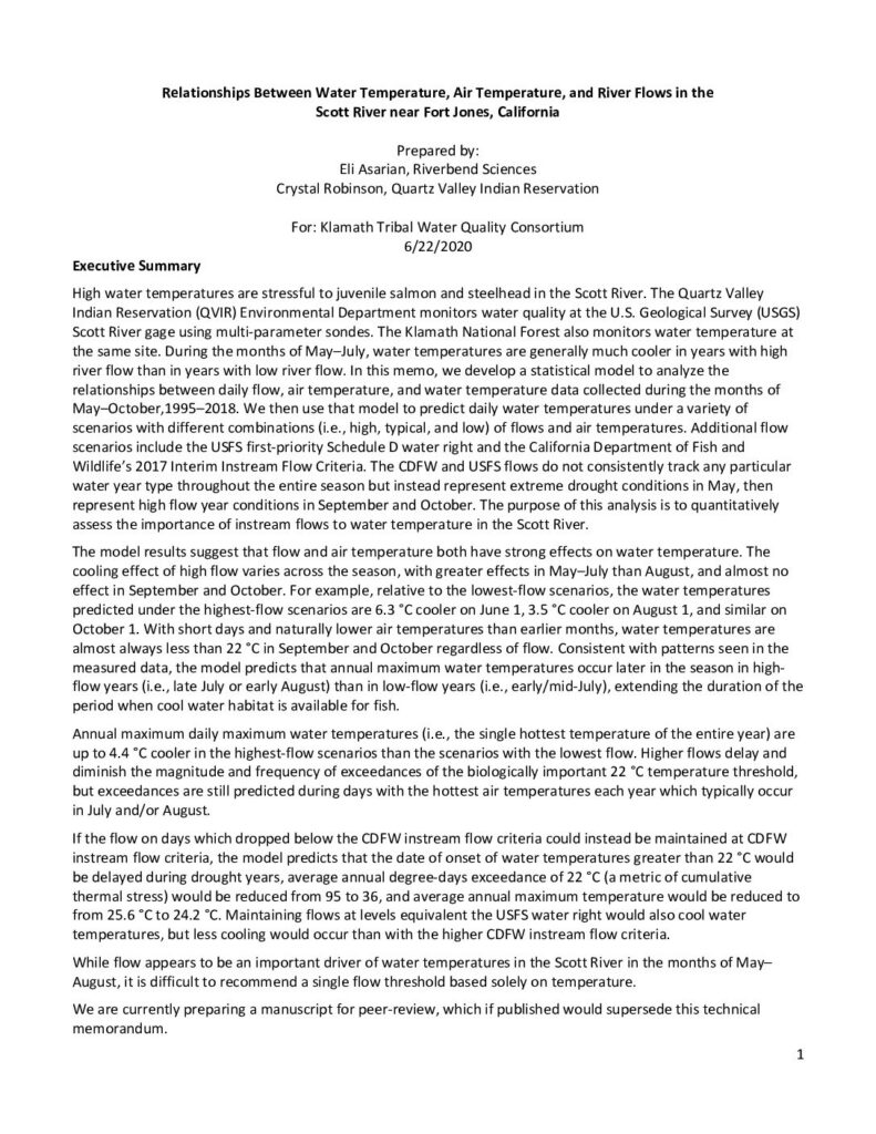 Cover of Relationships Between Water Temperature, Air Temperature, and River Flows in the Scott River near Fort Jones, California. Prepared by Riverbend Sciences and Quartz Valley Indian Reservation for the Klamath Tribal Water Quality Consortium. 16 p. + appendices.
