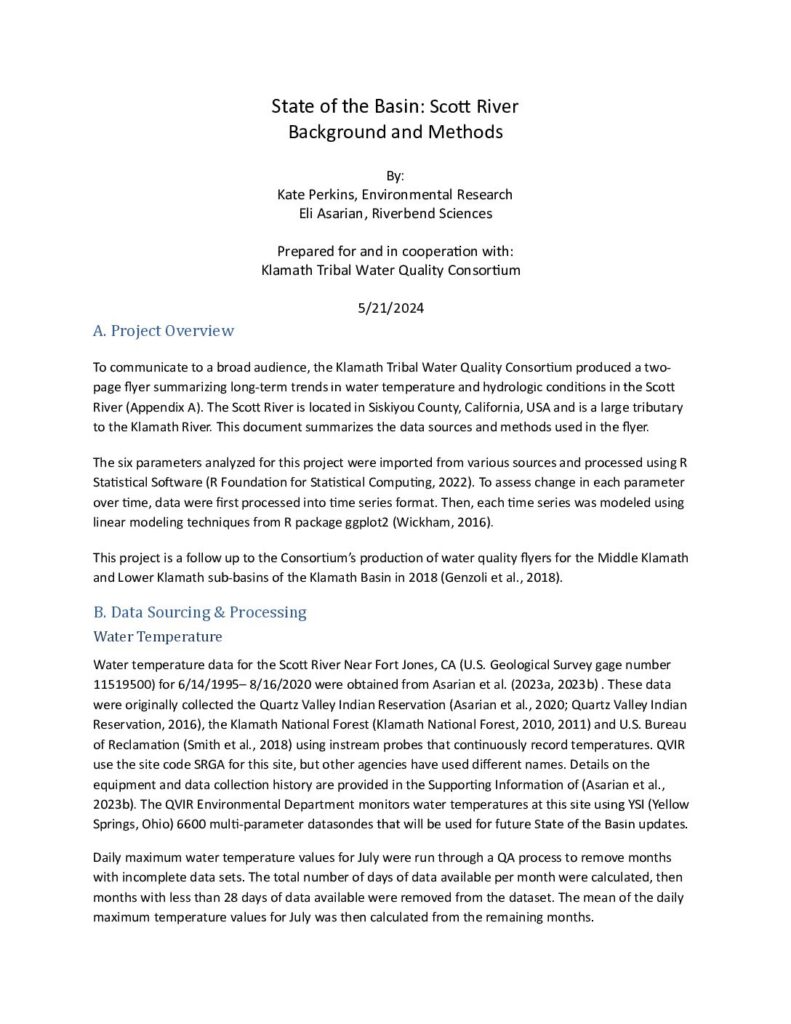 Cover of State of the Basin: Scott River Background and Methods. Prepared for the Klamath Tribal Water Quality Consortium. 6 p. + appendices.