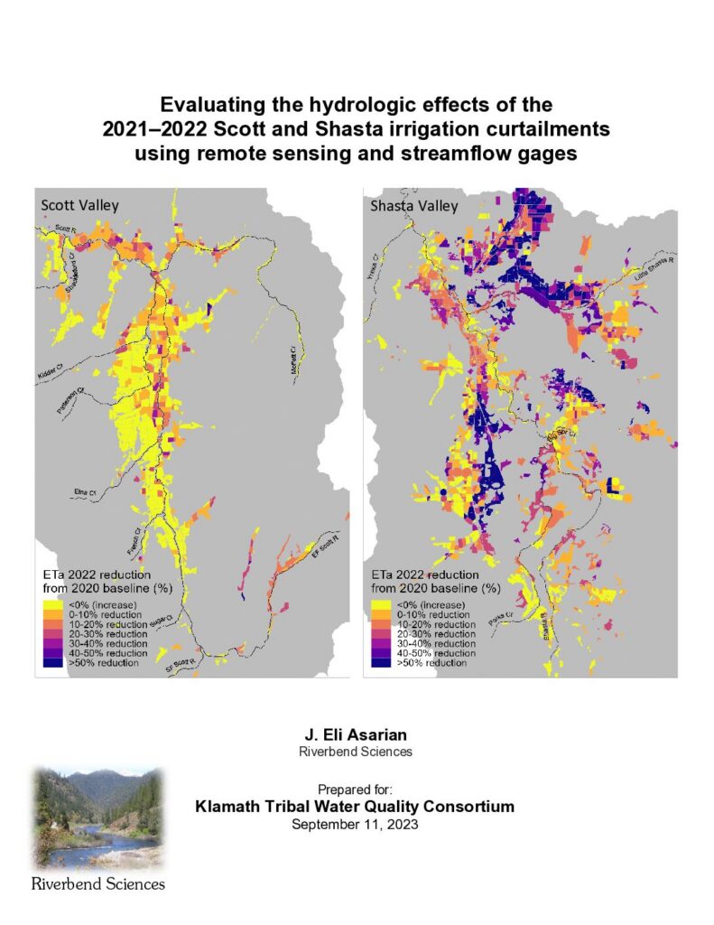 Cover of Evaluating the hydrologic effects of the 2021–2022 Scott and Shasta irrigation curtailments using remote sensing and streamflow gages. Prepared by Riverbend Sciences for the Klamath Tribal Water Quality Consortium. 50p. + appendices.