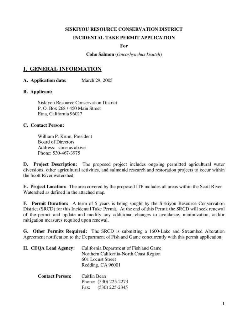 Cover of Draft Incidental Take Permit for Coho Salmon (Oncorhychus kisutch). Submitted for consideration to the Calif. Dept. of Fish and Game, Redding, CA. Siskiyou RCD, Etna, CA. 4 p. plus Attachments and Appendices. Download zipped document with all the appendices.
