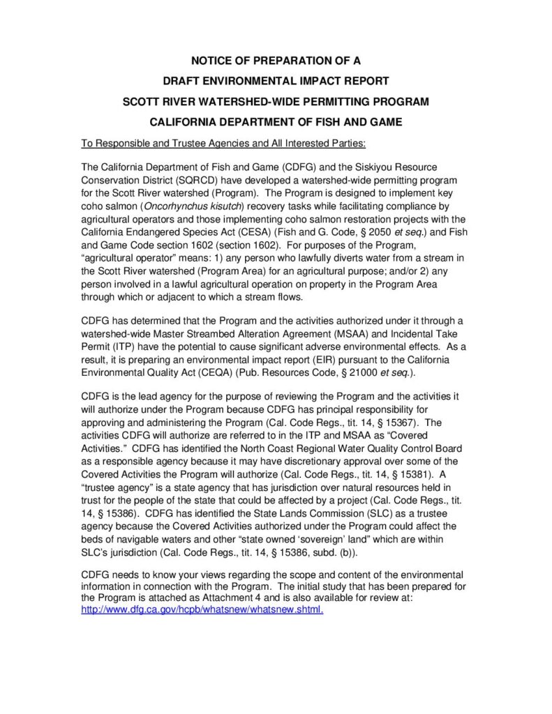 Cover of Notice of Preparation of a Draft Environmental Impact Report: Scott River Watershed-Wide Permitting Program for Coho Salmon Incidental Take Permit (ITP). 10/19/06. CDFG, Region 1, Redding, CA. 11 p.