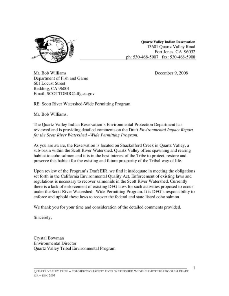 Cover of Comments on Draft Scott River Basin Agricultural Coho Salmon Incidental Take Permit. Submitted to CDFG, Region 1 by QVIR. ITP filed with CDFG. 29 p.