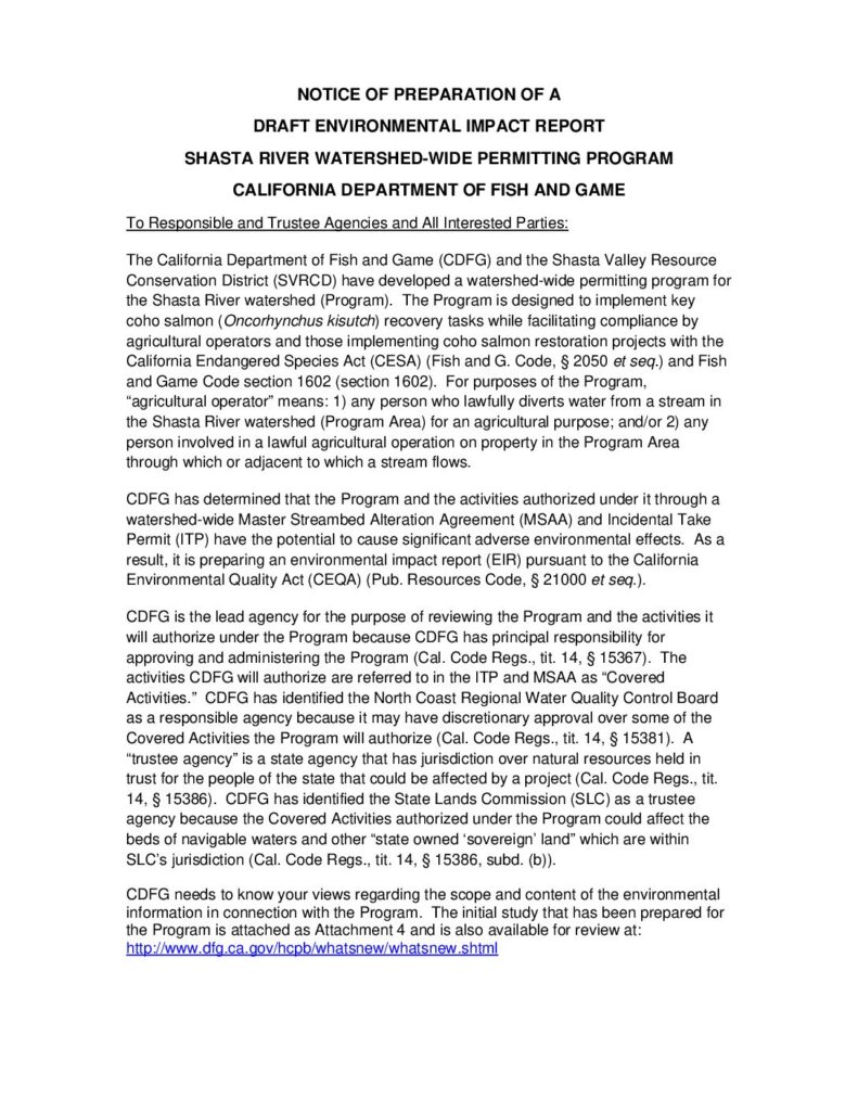 Cover of Notice of Preparation of a Draft Environmental Impact Report: Shasta River Watershed-Wide Permitting Program for Coho Salmon Incidental Take Permit (ITP). 10/19/06. CDFG, Region 1, Redding, CA. 11 p.