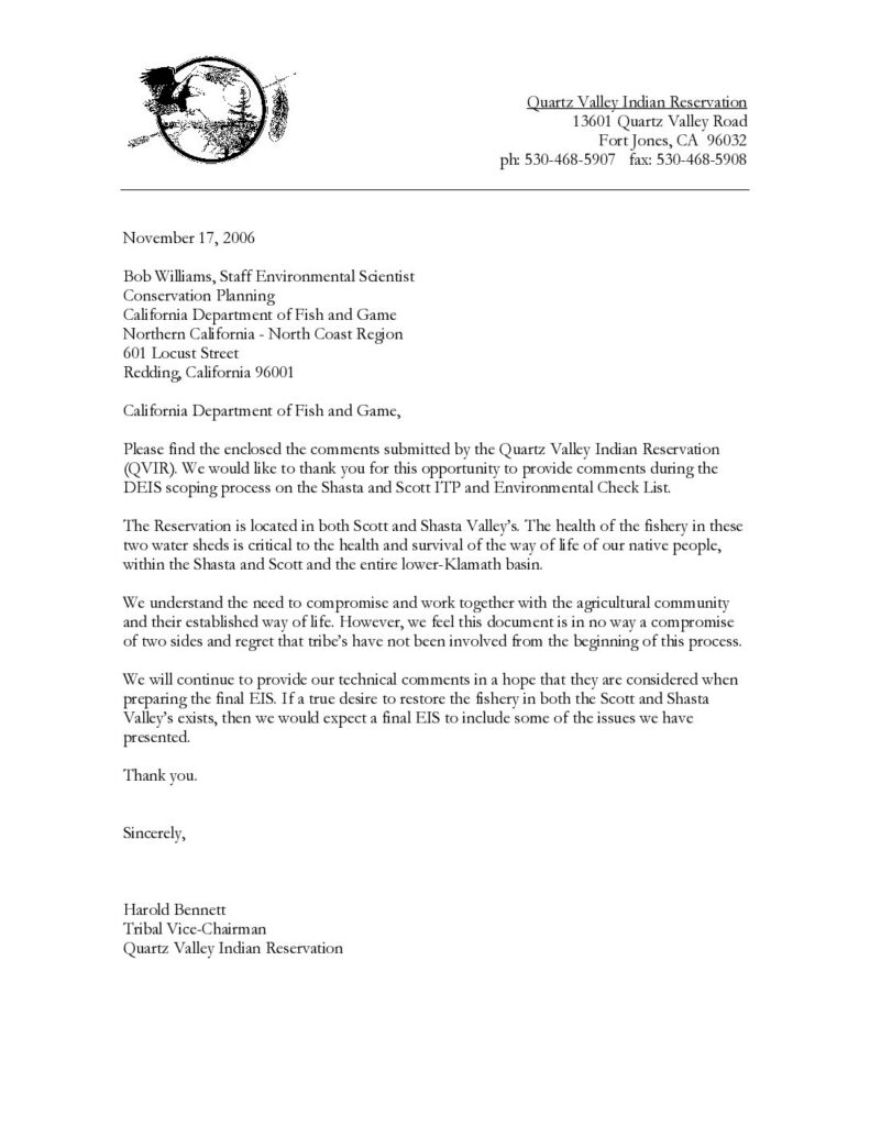 Cover of Scoping Comments on Shasta River Basin Agricultural Coho Salmon Incidental Take Permit. Submitted to CDFG, Region 1 by QVIR. ITP filed with CDFG. 20 p