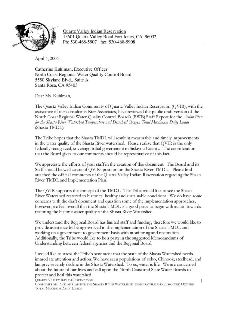 Cover of Review of public draft Shasta River Temperature and Dissolved Oxygen TMDLs. Quartz Valley Indian Reservation, Ft. Jones, CA.