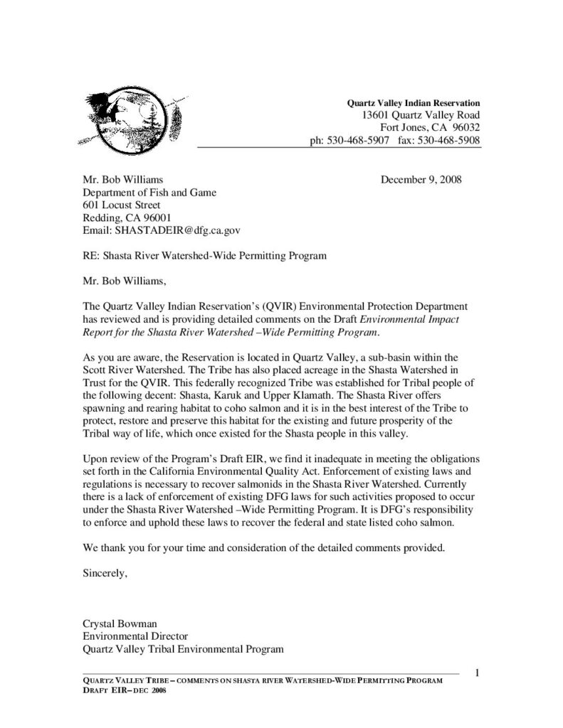 Cover of Comments on Draft Shasta River Basin Agricultural Coho Salmon Incidental Take Permit. Submitted to CDFG, Region 1 by QVIR. ITP filed with CDFG. 13 p.