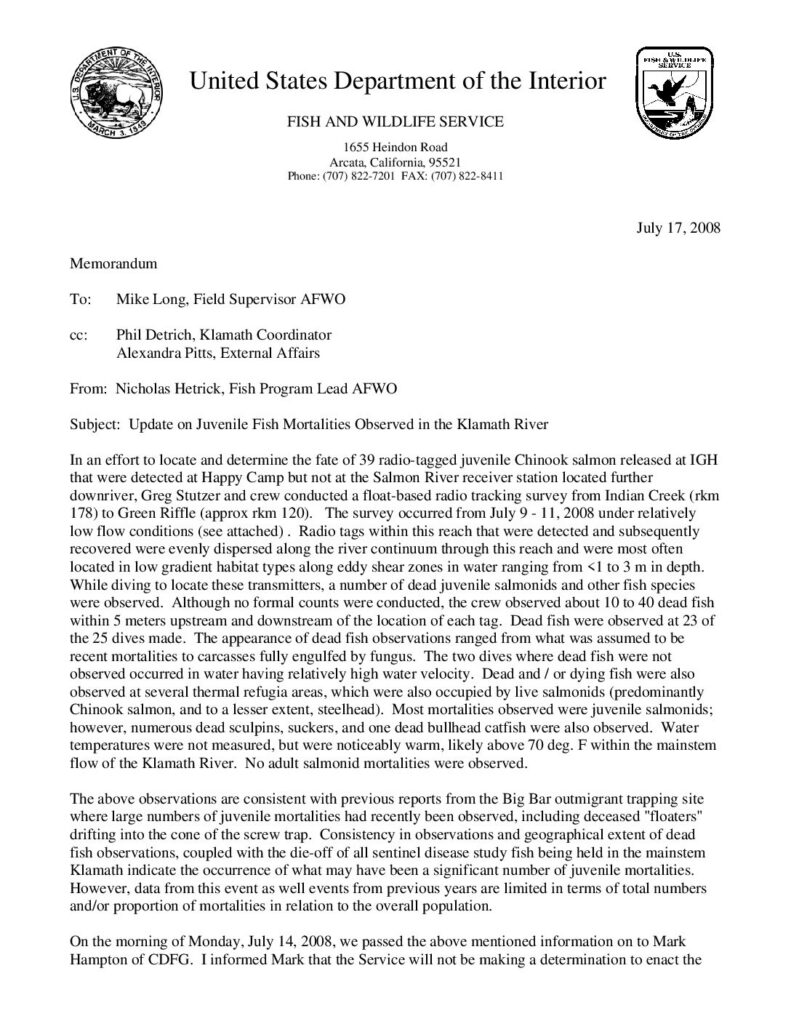 Cover of Update on Juvenile Fish Mortalities Observed in the Klamath River. Memo from Nick Hetrick, Fish Program Lead to Mike Long, Supervisor, USFWS, Arcata Fisheries Assistance Office. 2 p.