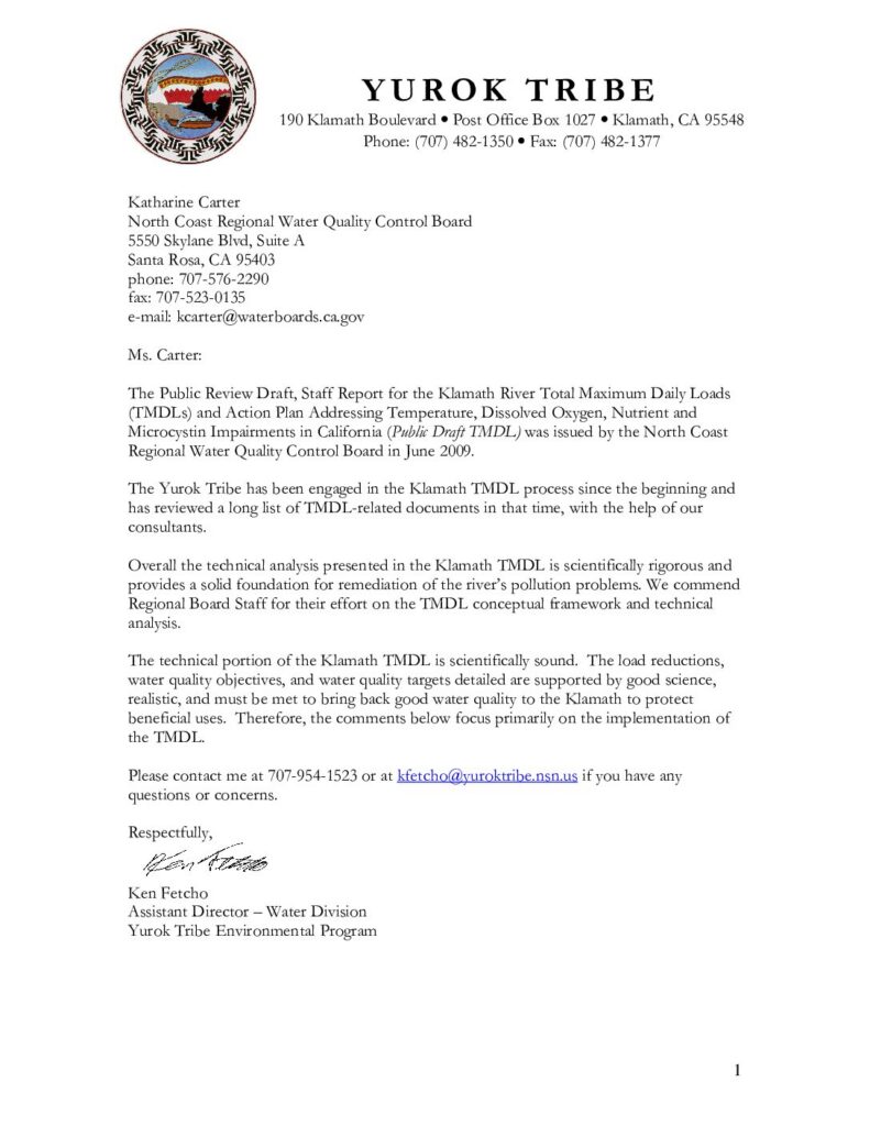 Cover of Comments on Public Review Draft of Staff Report for the Klamath River Total Maximum Daily Loads (TMDLs) and Action Plan. Submitted by Ken Fetcho, YTEP, Klamath, CA. 37 p.