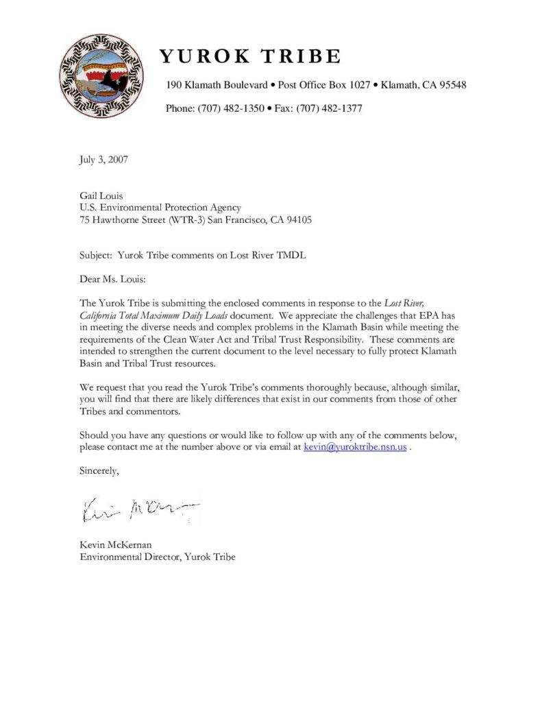Cover of Yurok Tribe comments on Lost River TMDL. Letter dated July 3, 2007, from Kevin McKernan of Yurok Tribe Environmental Program to Gail Louis of U.S. EPA. Yurok Tribe, Klamath, CA. 34 p.