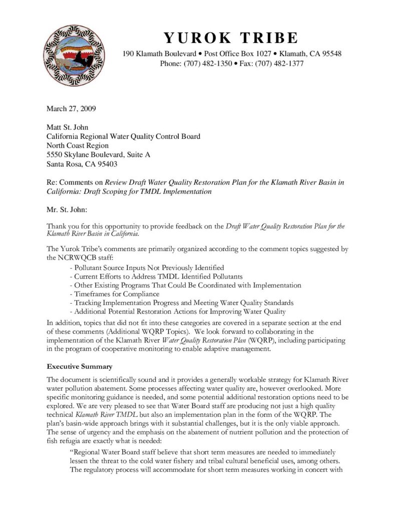 Cover of Comments on Review Draft Water Quality Restoration Plan for the Klamath River Basin in California: Draft Scoping for TMDL Implementation. Submitted by Ken Fetcho, YTEP, Klamath, CA. 26 p