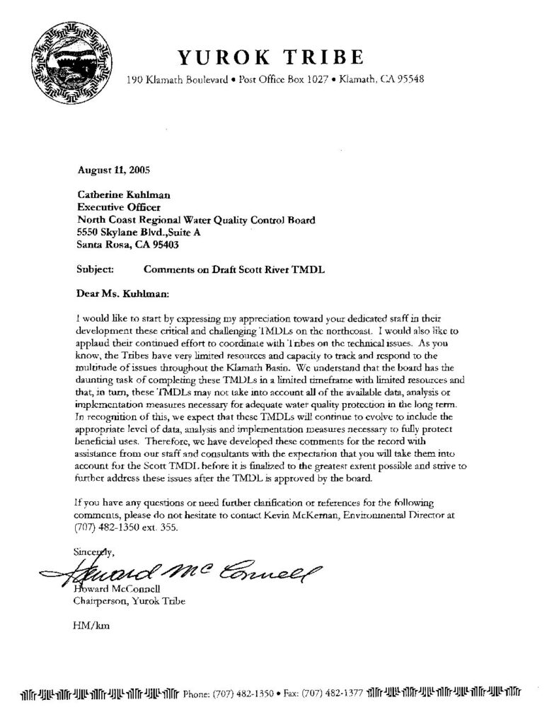 Cover of Comments on Draft Scott River TMDL. Memo of August 11, 2005 from Tribal Chair, Howard McConnell to Catherine Kuhlman, NCWCQB. Yurok Tribe, Klamath, CA. 11 p.
