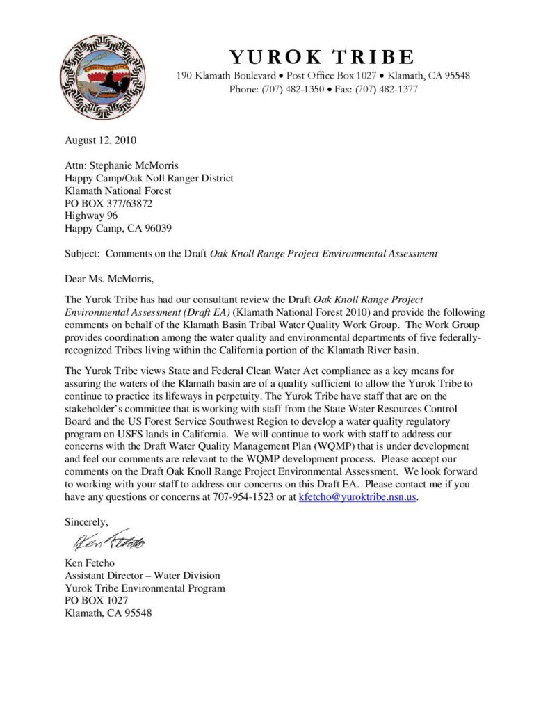 Cover of Comments on the Draft Oak Knoll Range Project Environmental Assessment. Submitted by Ken Fetcho, YTEP, Klamath, CA. 13 p.